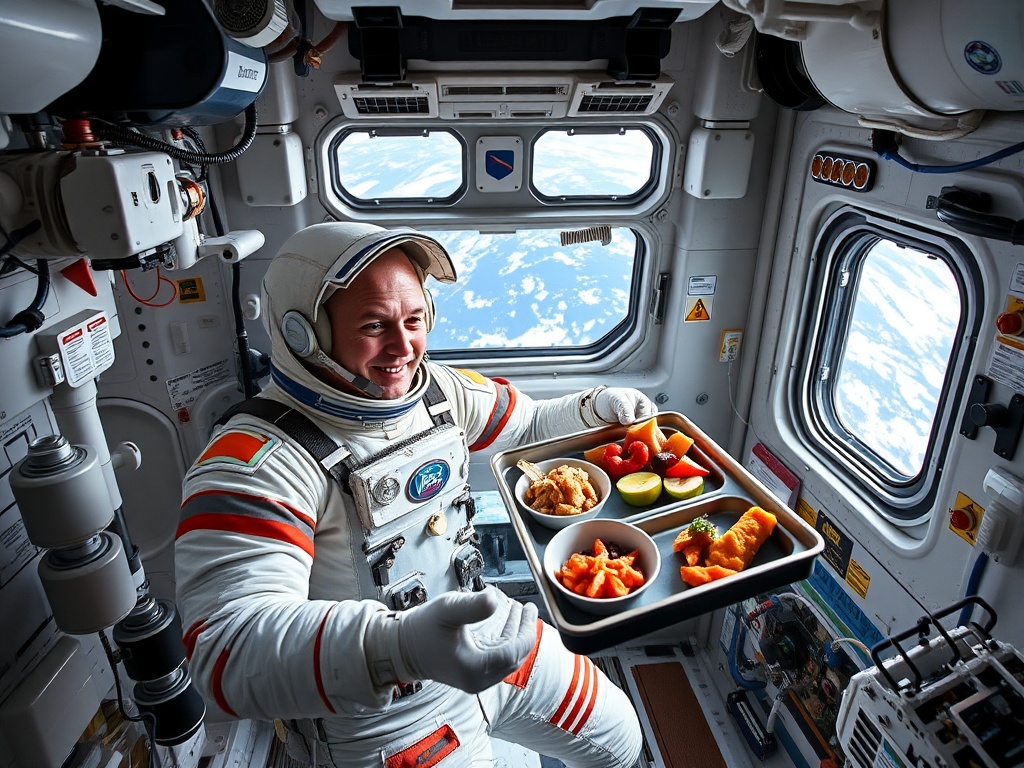 Astronauta segurando bandeja de alimentos na Estação Espacial Internacional