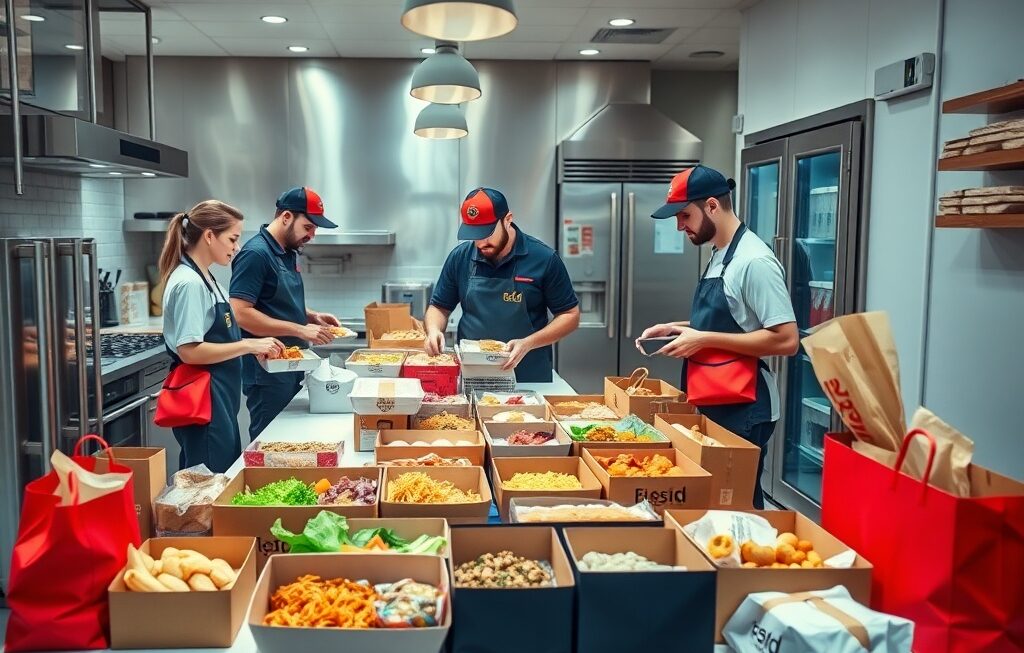 Cozinha moderna com entregadores e embalagens de delivery.