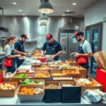 Cozinha moderna com entregadores e embalagens de delivery.