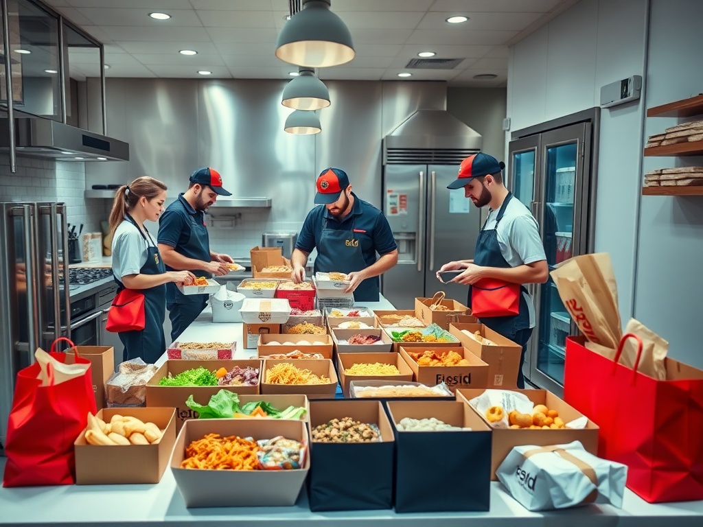 Cozinha moderna com entregadores e embalagens de delivery.