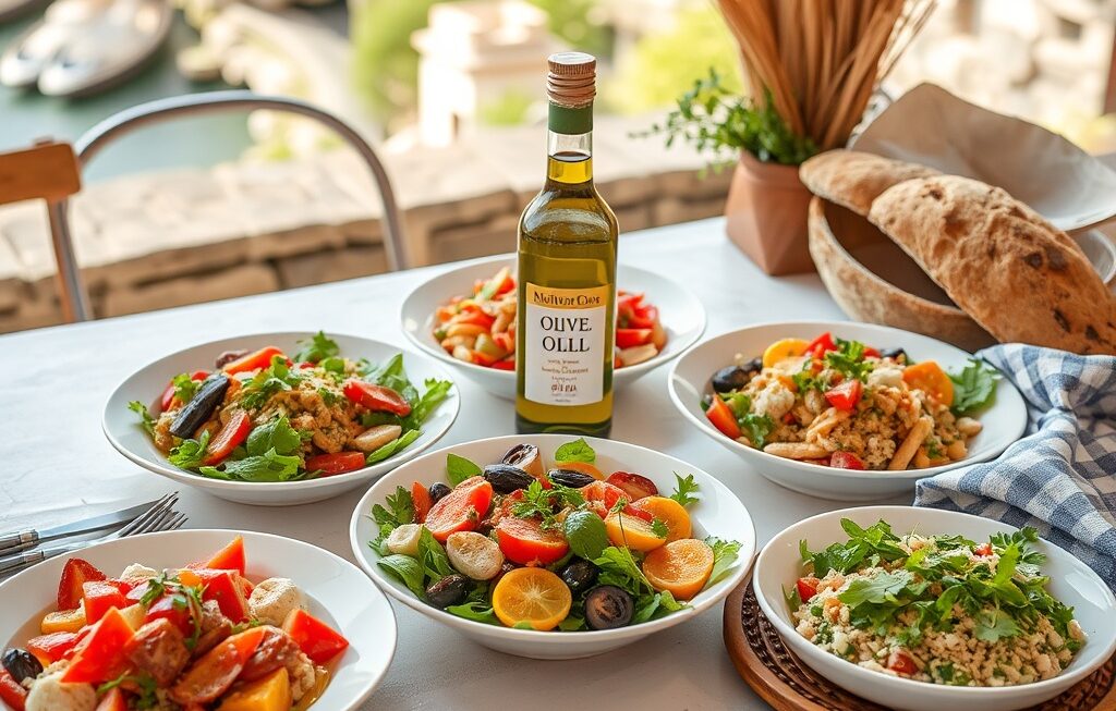Mesa mediterrânea com saladas, azeite e pão artesanal
