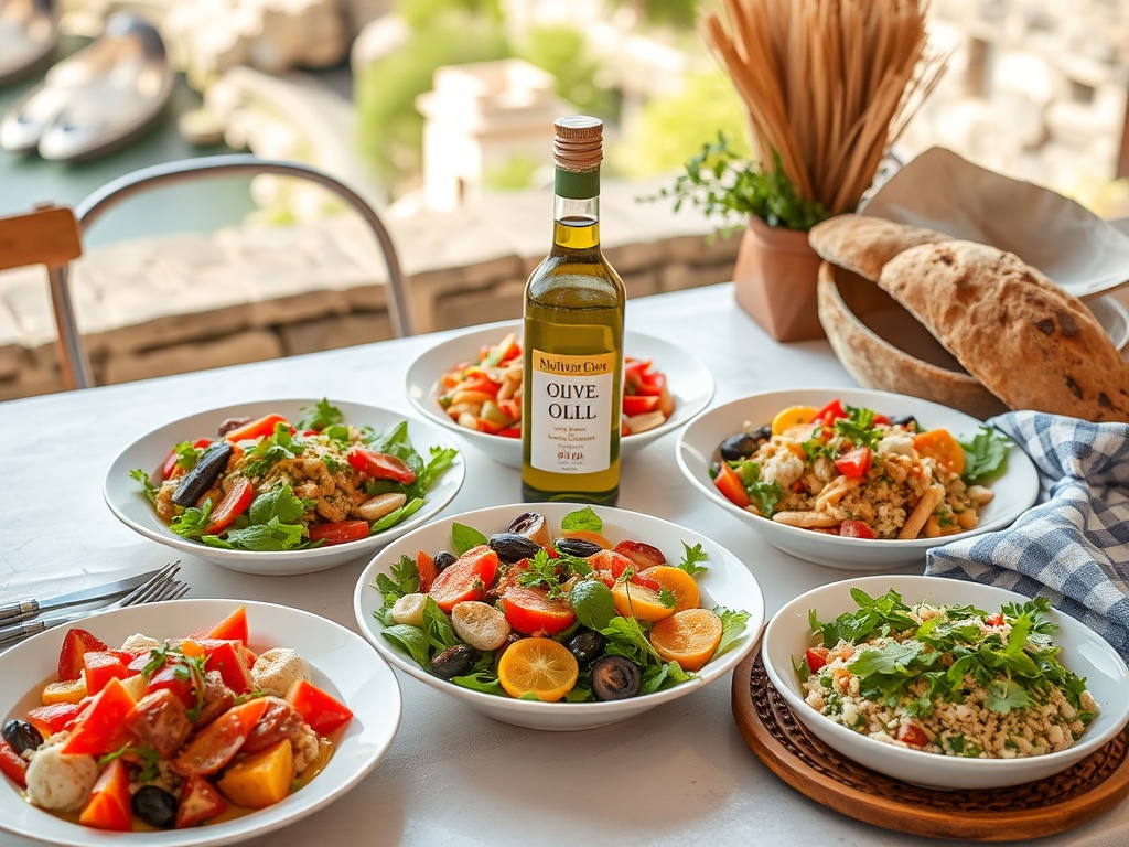 Mesa mediterrânea com saladas, azeite e pão artesanal