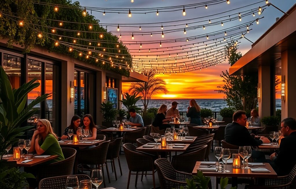 Restaurante pop-up moderno com luzes e mesas ao ar livre