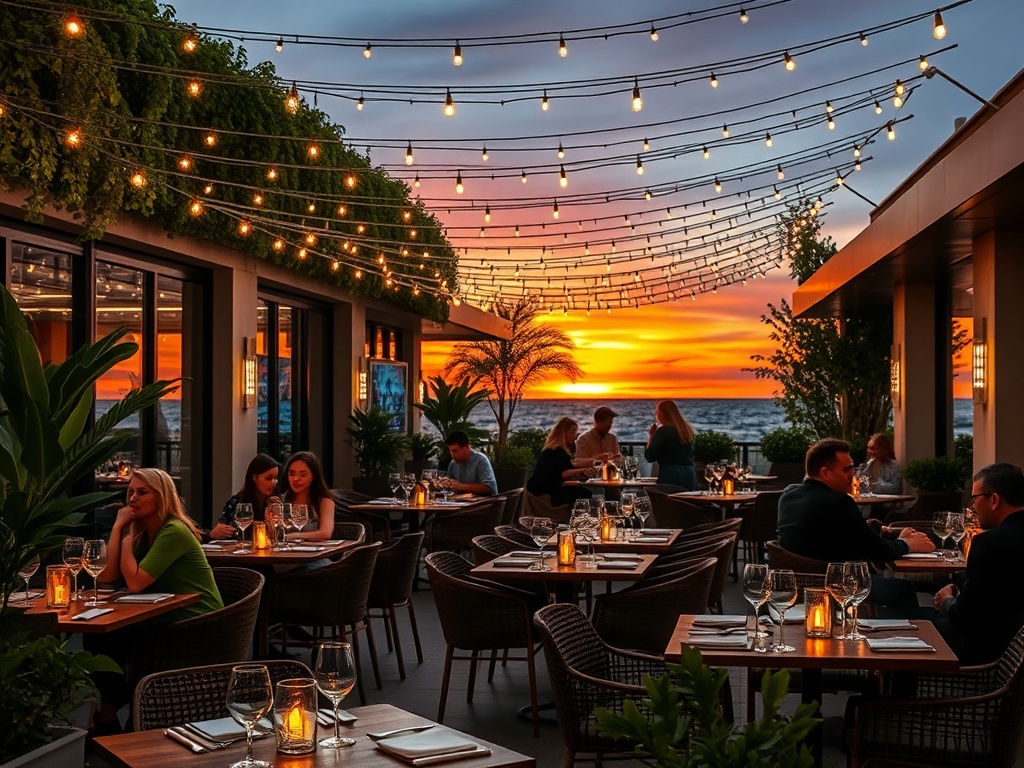 Restaurante pop-up moderno com luzes e mesas ao ar livre