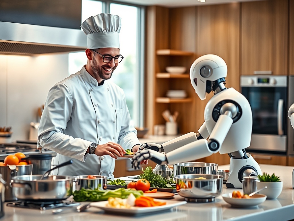 chef e robo cozinhando juntos