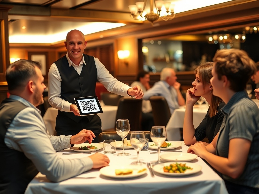 garçom mostrando QR code para clientes