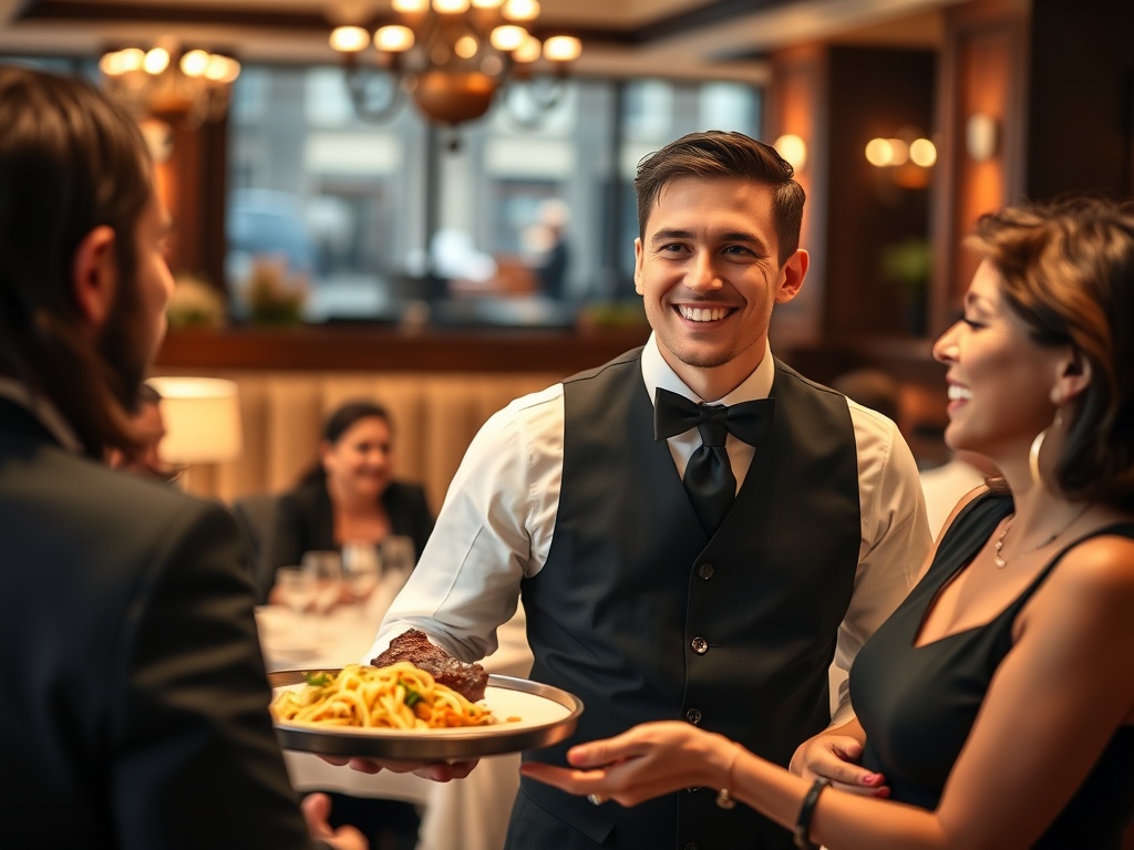 garçom servindo cliente com sorriso