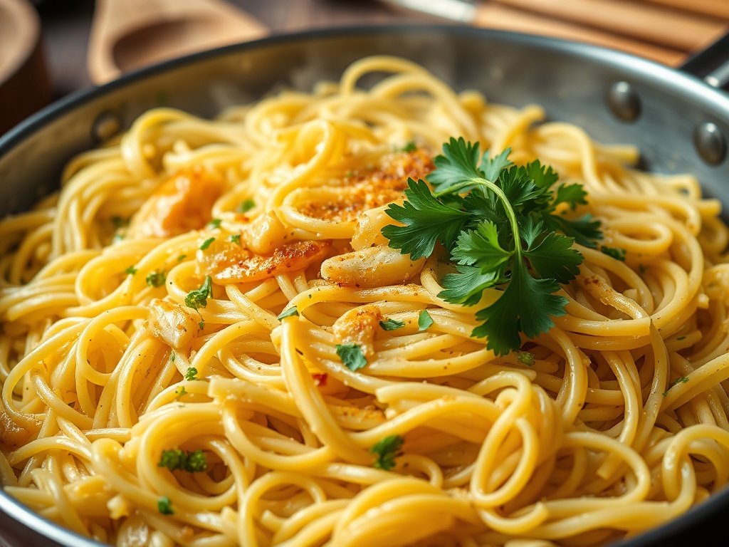 macarrão sendo misturado ao alho dourado