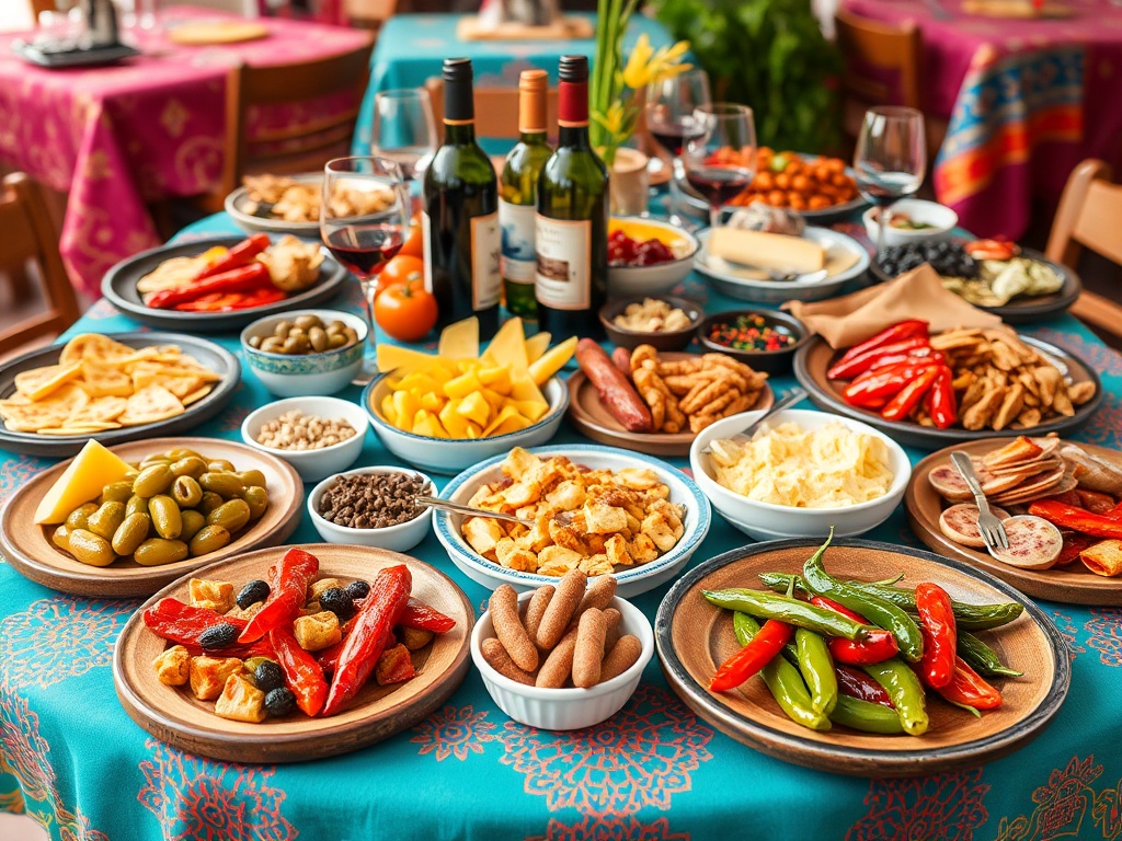 mesa colorida com tapas e vinho espanhol