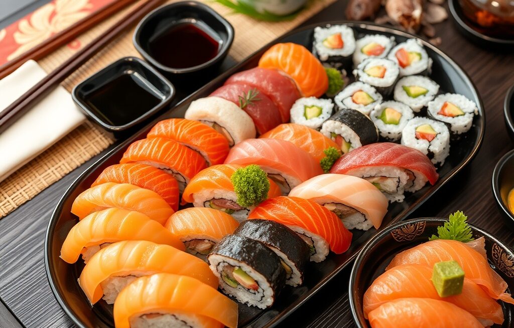 prato japonês tradicional com sushi e sashimi