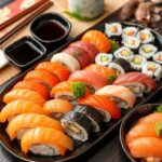 prato japonês tradicional com sushi e sashimi