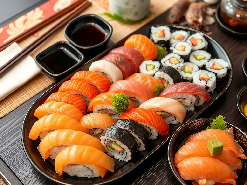 prato japonês tradicional com sushi e sashimi
