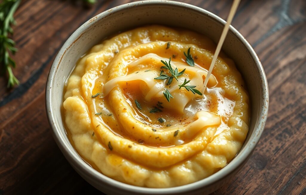 tigela de polenta cremosa com queijo derretido
