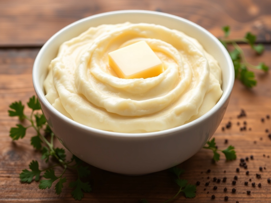 tigela de purê de batatas com manteiga derretendo