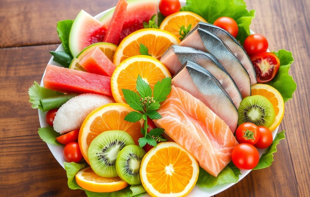 Prato colorido com frutas, vegetais e peixes frescos.