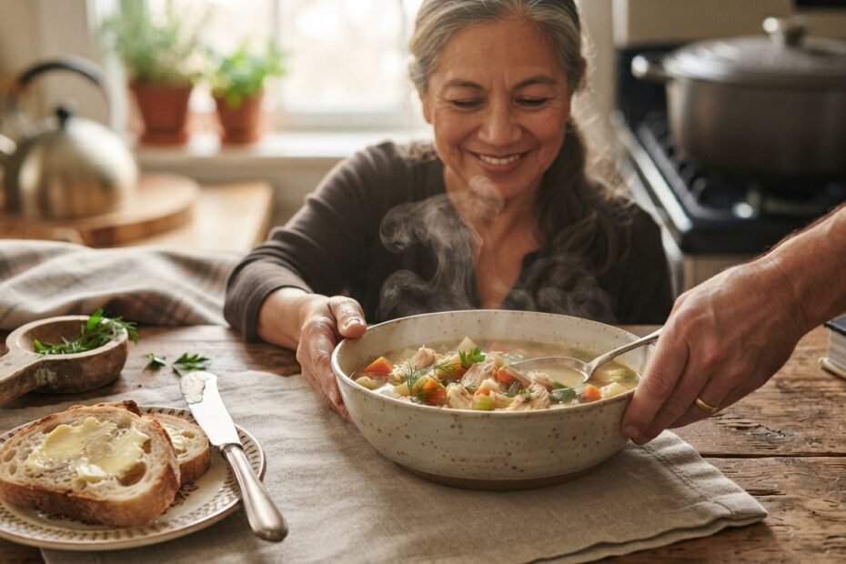 A comforting bowl of soup being served to someone at home