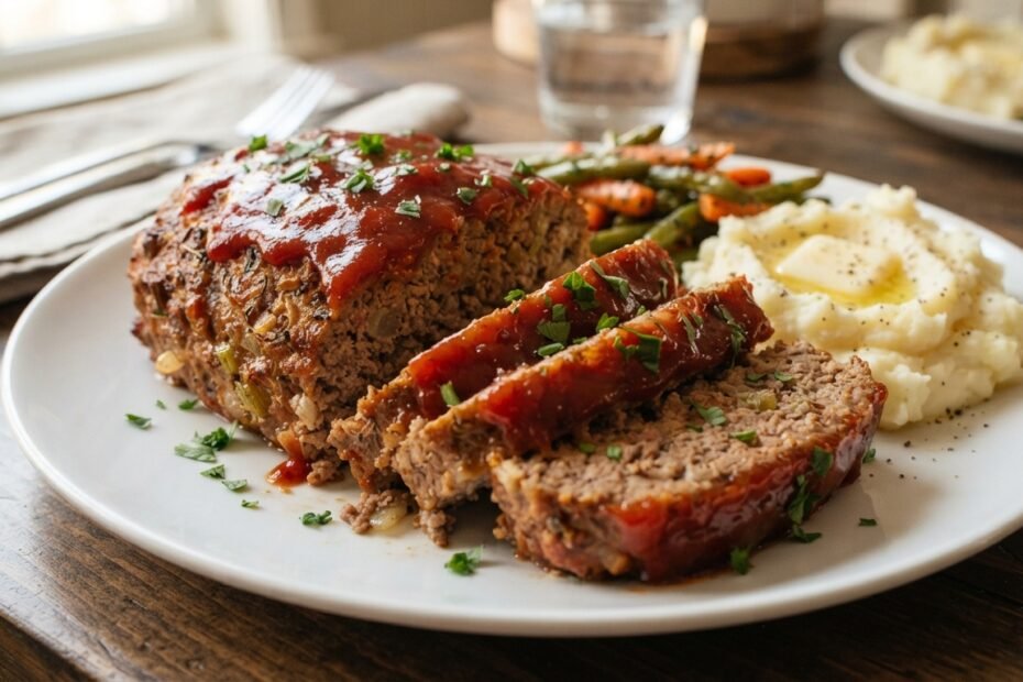 A golden-brown classic meatloaf covered with glossy tomato sauce, sliced and served on a white plate.