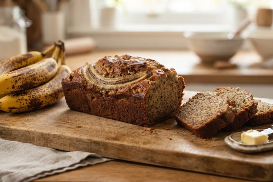 A golden loaf of homemade banana bread on a wooden board