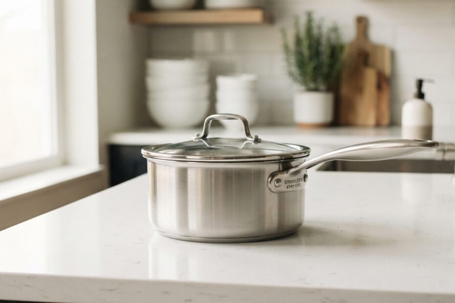A high-quality stainless steel saucepan with lid on a clean modern kitchen countertop