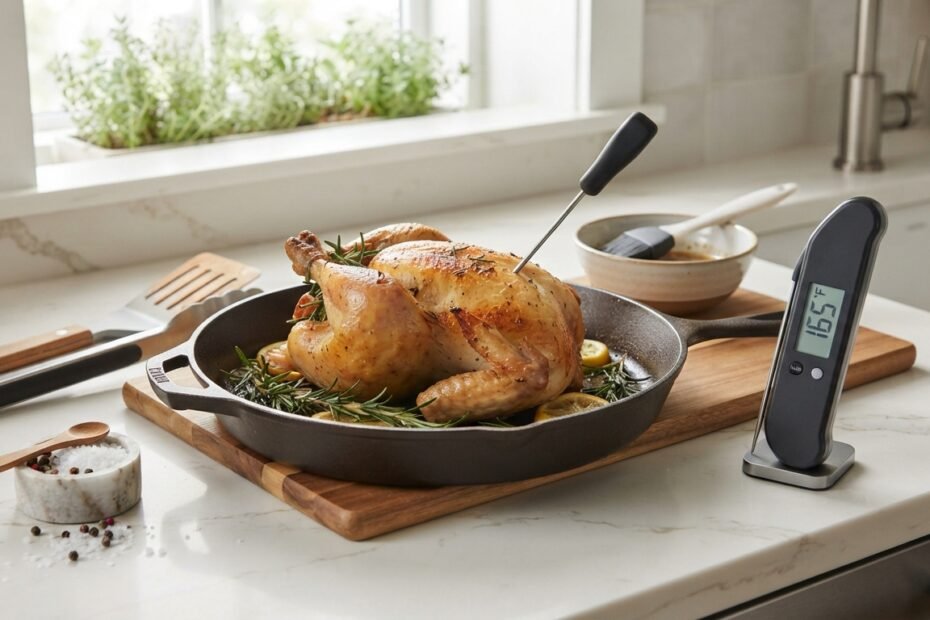 A modern digital instant-read thermometer beside a skillet