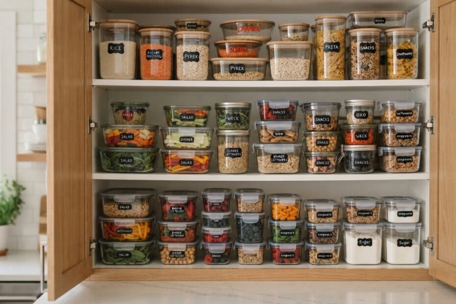 A neatly organized kitchen cabinet filled with glass and plastic food