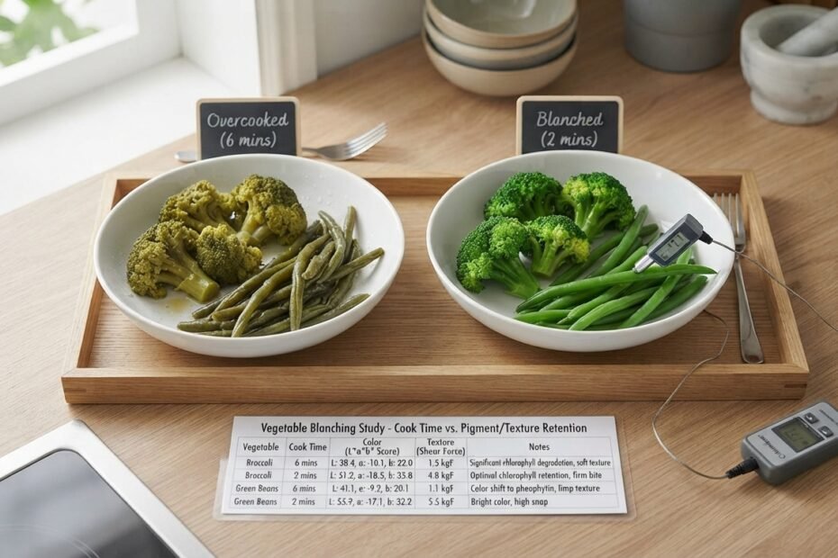 Bright green broccoli and green beans being compared after cooking