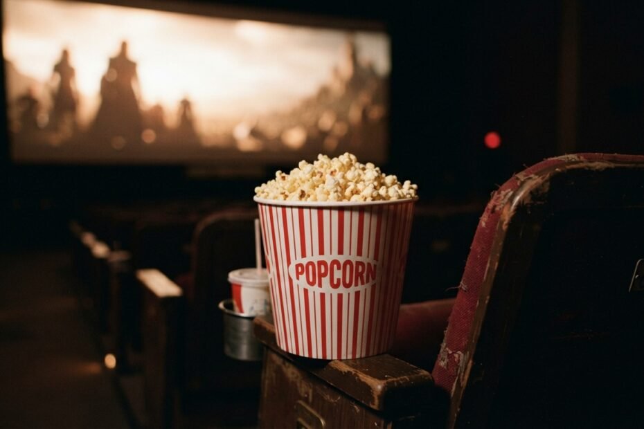 Classic movie theater popcorn in a large striped bucket beside cinema seats