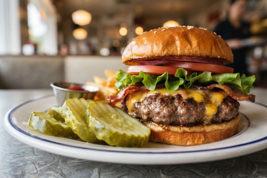 Close-up of a sliced dill pickle beside a juicy cheeseburger