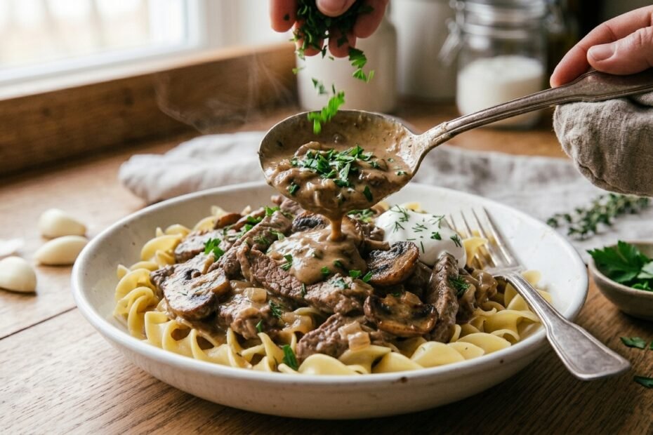 Close-up of creamy beef stroganoff being served over egg noodles