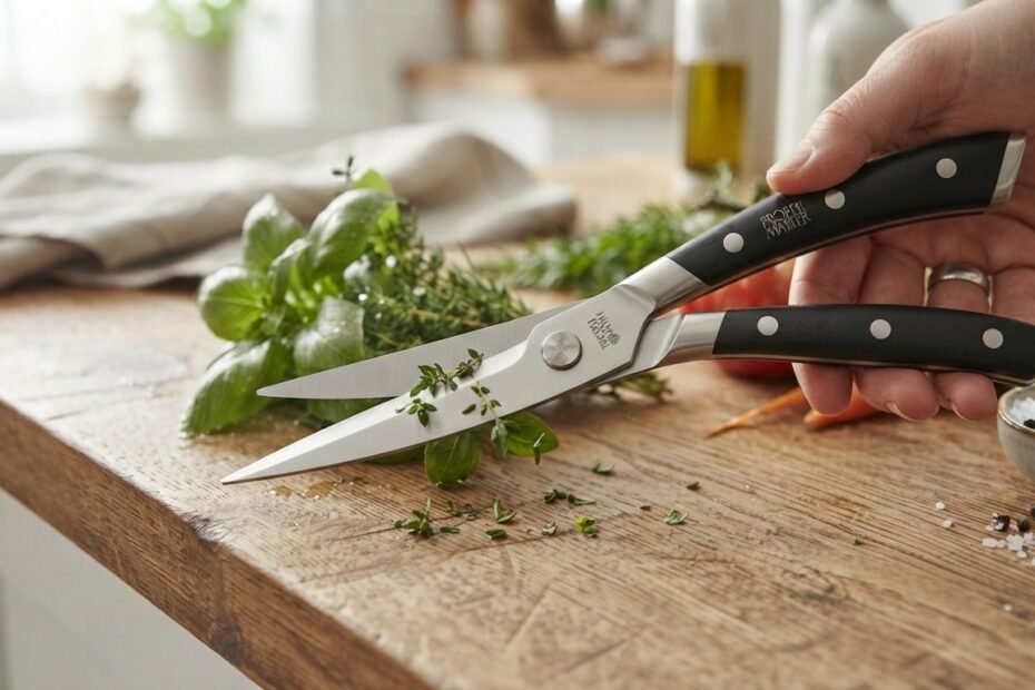 Close-up of kitchen shears cutting fresh herbs over a cutting board