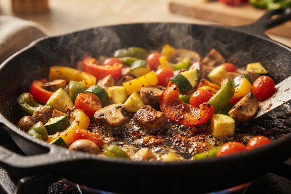 Close-up of vegetables developing a golden-brown sear in a properly preheated skillet