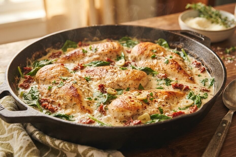 Creamy Tuscan chicken in a skillet with golden chicken breasts