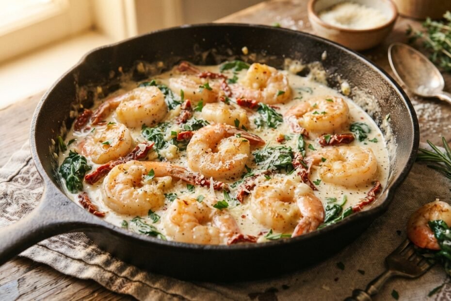 Creamy Tuscan shrimp in a skillet with large golden shrimp