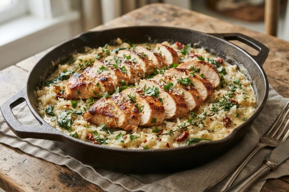 Creamy garlic butter chicken and rice served in a skillet