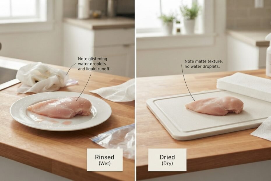 Food Lab style comparison showing rinsed raw chicken