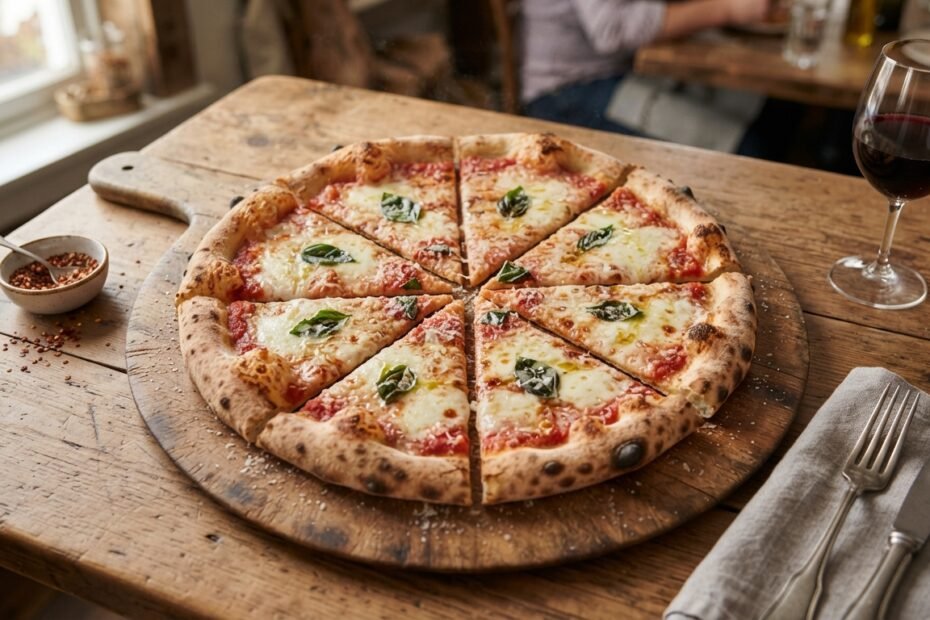 Fresh round pizza divided into perfectly even triangular slices on a wooden table