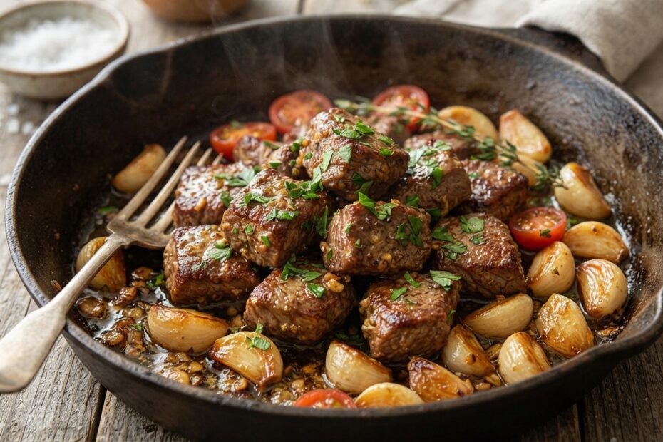 Golden-brown garlic butter steak bites in a cast-iron skillet