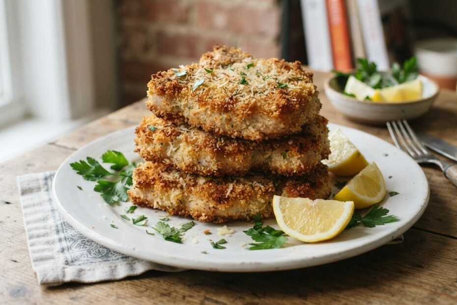 Golden crispy Parmesan crusted pork chops stacked on a white ceramic plate