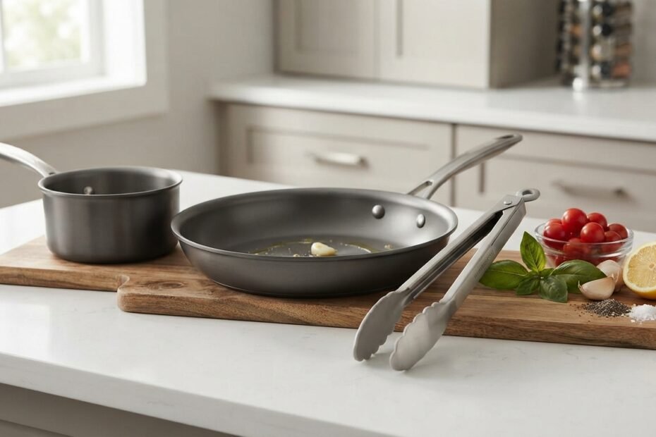 High-quality kitchen tongs displayed beside a skillet