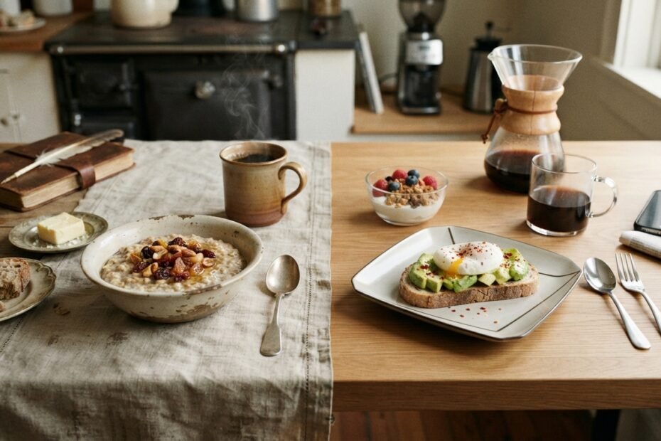 Historical-inspired breakfast scene showing a traditional morning meal alongside modern breakfast foods