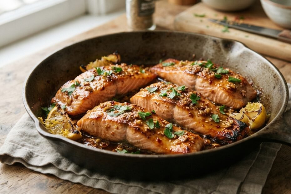 Honey garlic glazed salmon fillets in a skillet with a glossy golden sauce