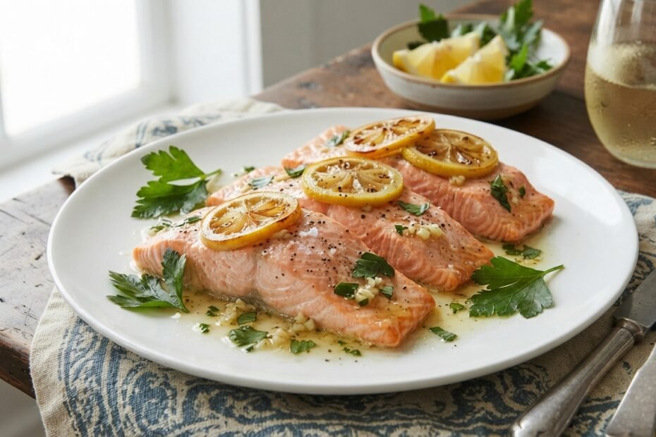 Oven-baked salmon fillets topped with lemon slices