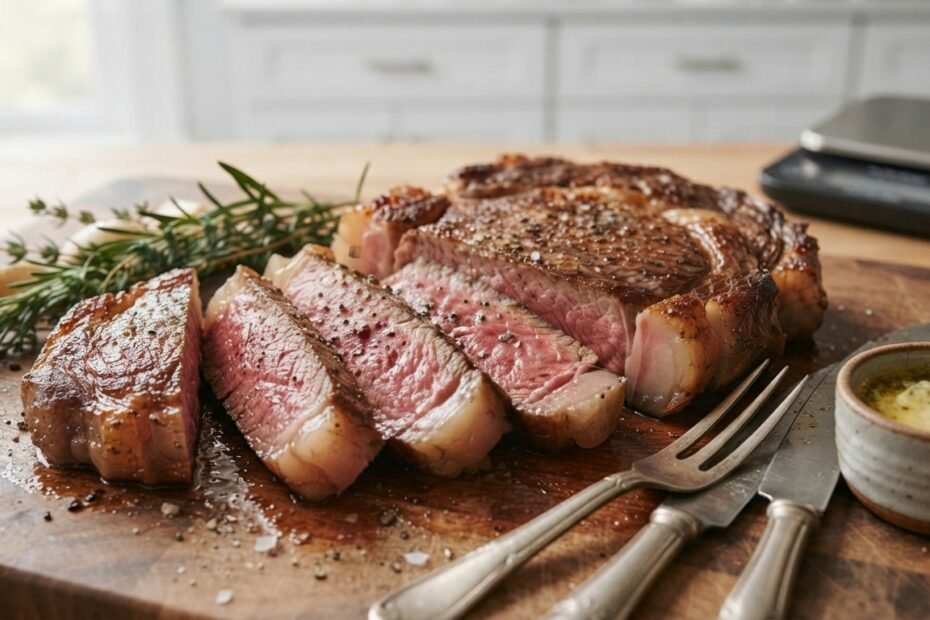 Perfectly seared steak sliced open to reveal an evenly cooked center and golden-brown crust