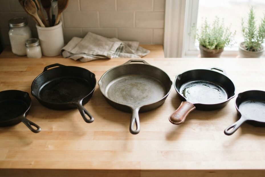 Several cast iron skillets in different sizes arranged on a clean kitchen countertop
