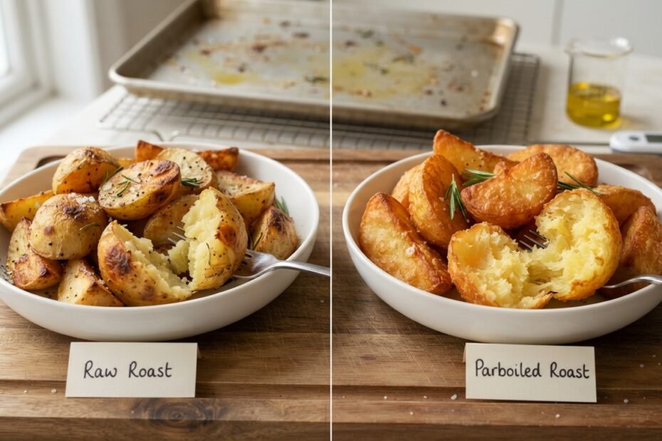 Side-by-side comparison of roasted potatoes made from raw and parboiled potatoes