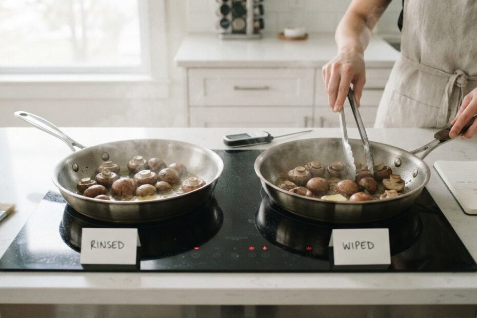 Side-by-side cooking experiment with two groups of fresh mushrooms