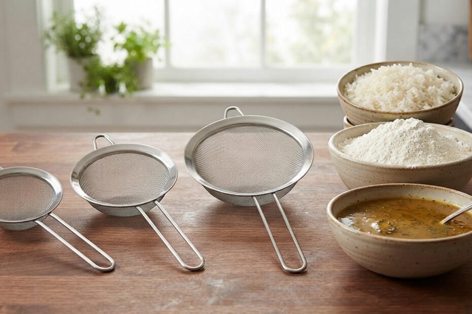 Stainless steel fine-mesh strainers in three different sizes arranged beside bowls of rice