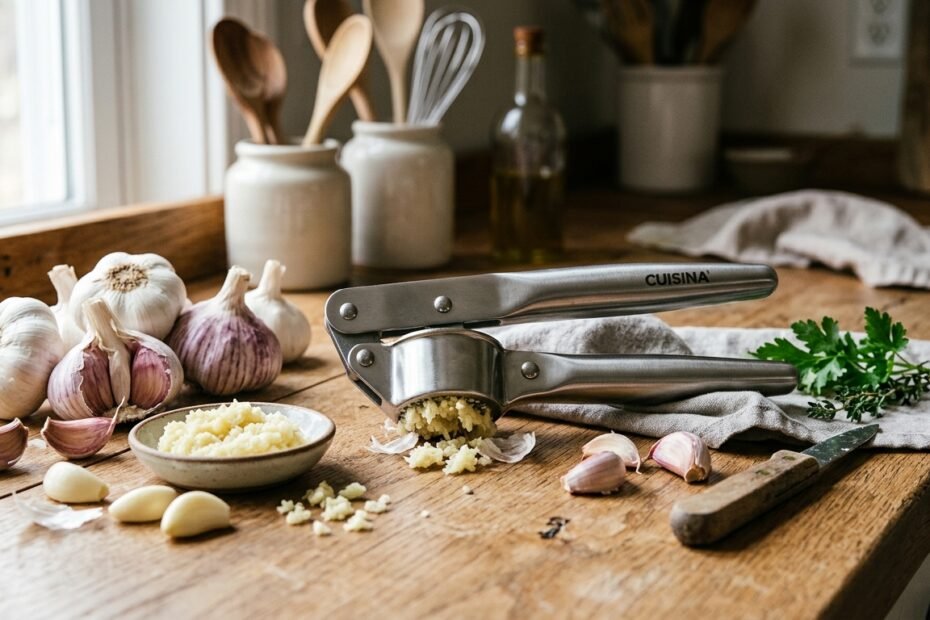 Stainless steel garlic press on a clean wooden kitchen counter surrounded by fresh garlic cloves