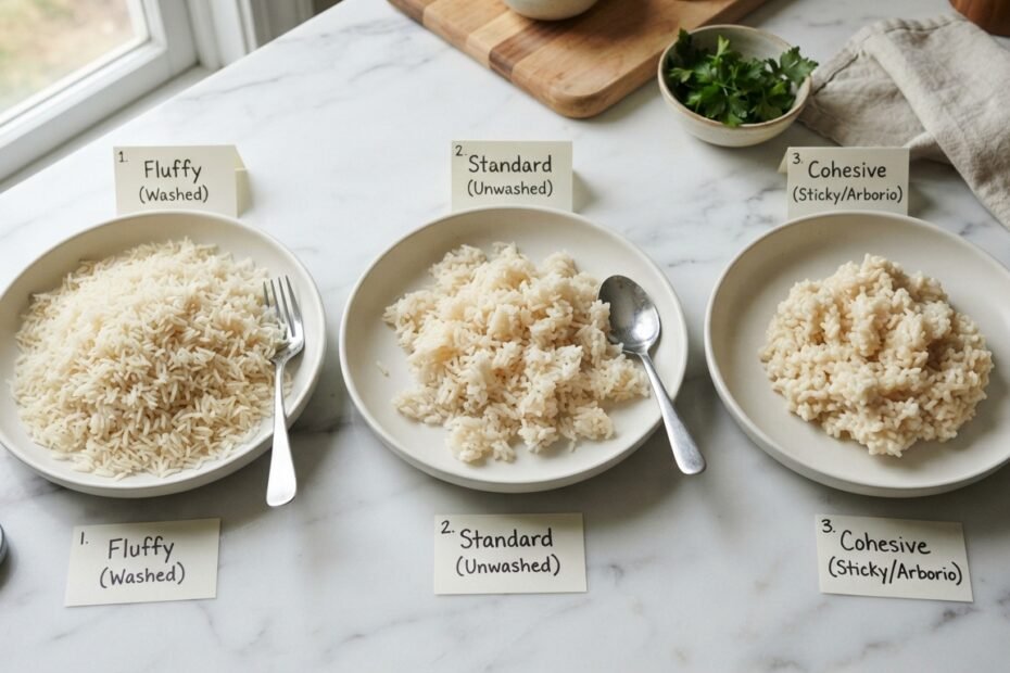 Three plates comparing cooked rice textures,
