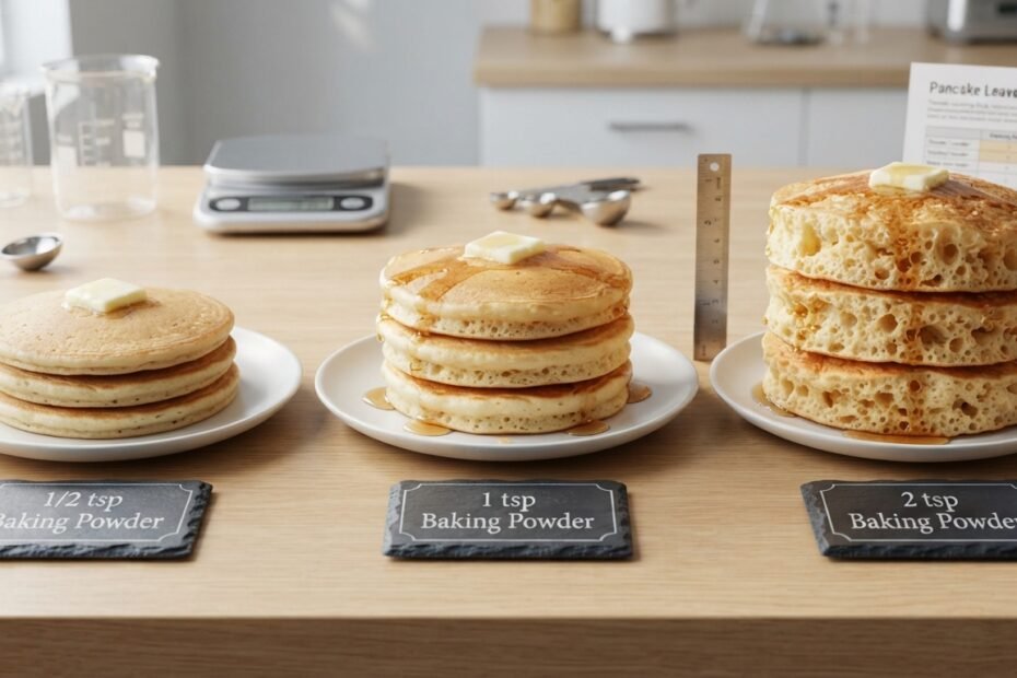 Three stacks of pancakes made with different amounts of baking powder,